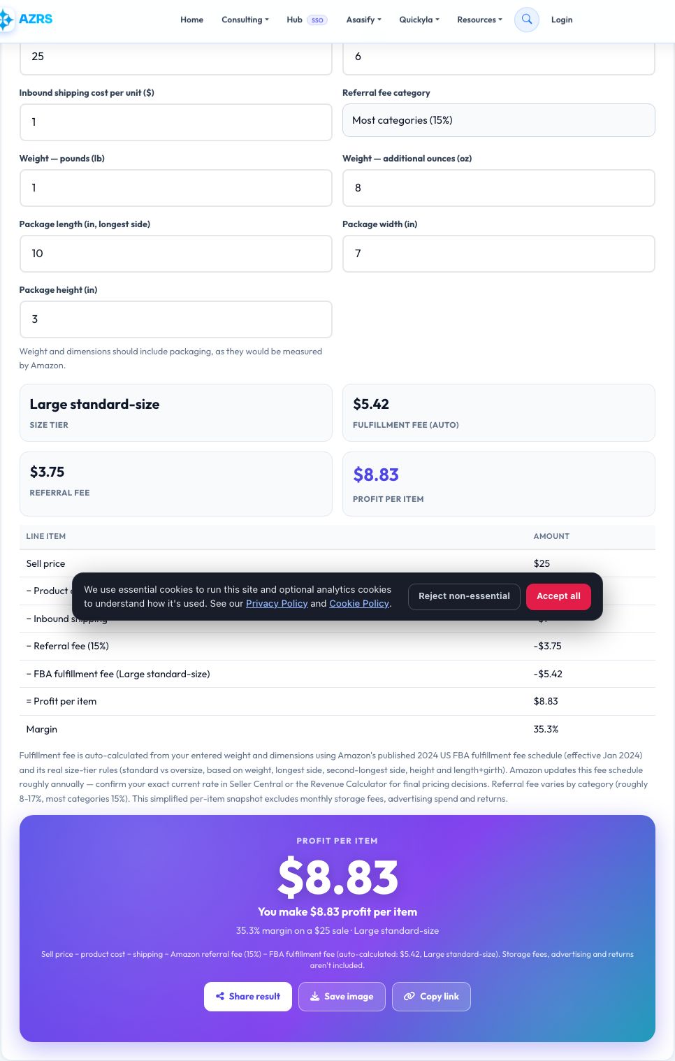 Step 1 — starting Amazon FBA Profit Calculator on AZRS QuickFix