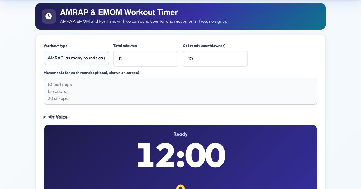 Screenshot of the free AMRAP & EMOM Workout Timer tool on AZRS QuickFix