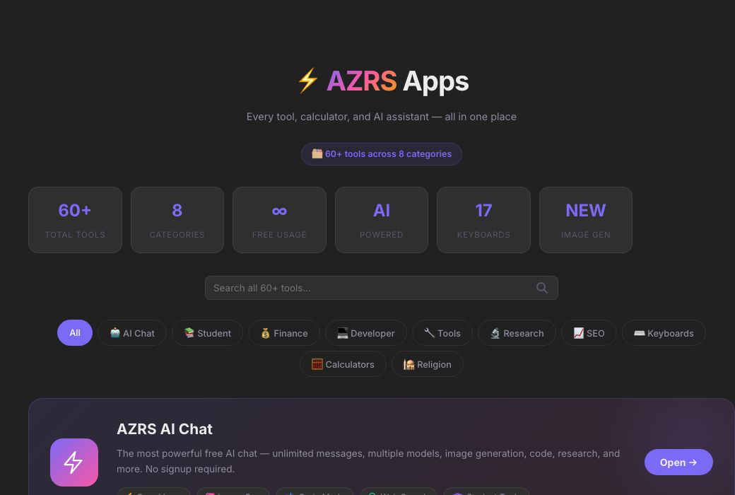 Screenshot of the free AI Apps — Every Tool on AZRS in One Directory tool on AZRS QuickFix