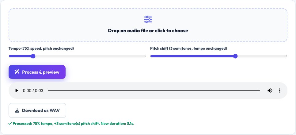 Screenshot of the free Audio Pitch & Tempo Changer tool on AZRS QuickFix