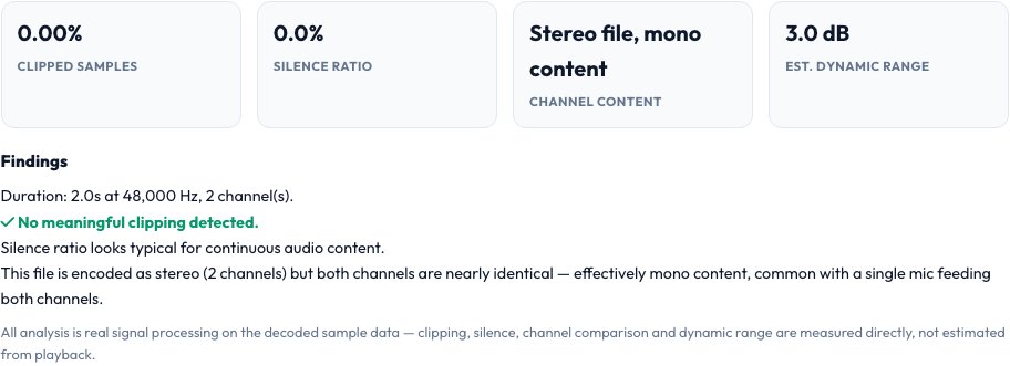 Step 2 — Audio Recording Quality Checker result