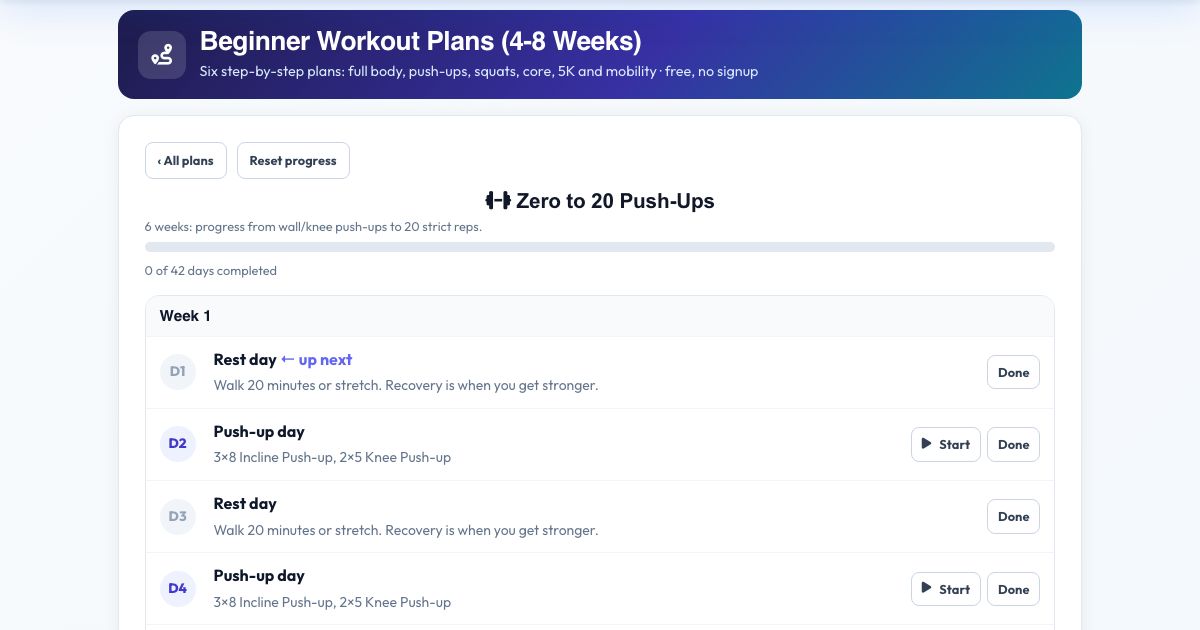 Screenshot of the free Beginner Workout Plans (4-8 Weeks) tool on AZRS QuickFix