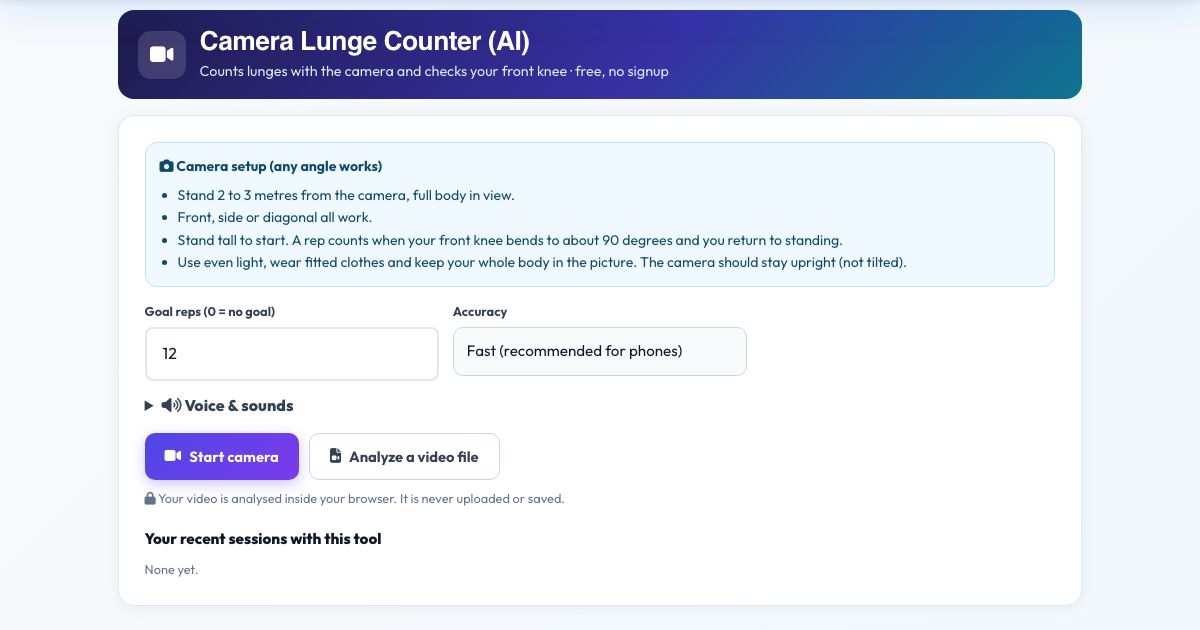 Screenshot of the free Camera Lunge Counter (AI) tool on AZRS QuickFix