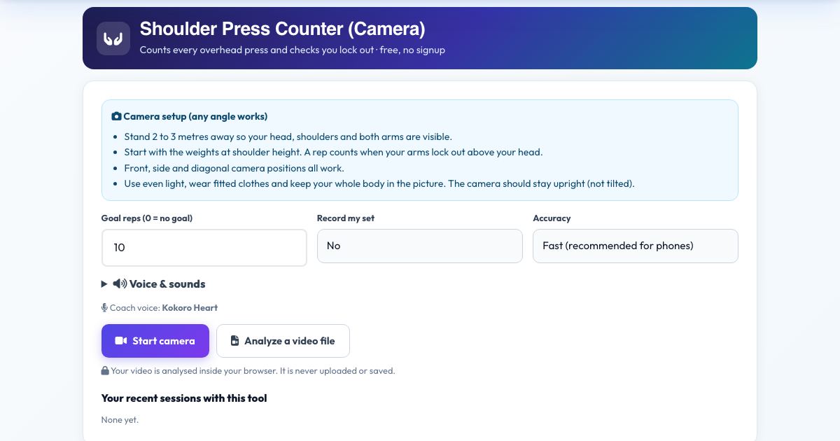 Screenshot of the free Shoulder Press Counter (Camera) tool on AZRS QuickFix