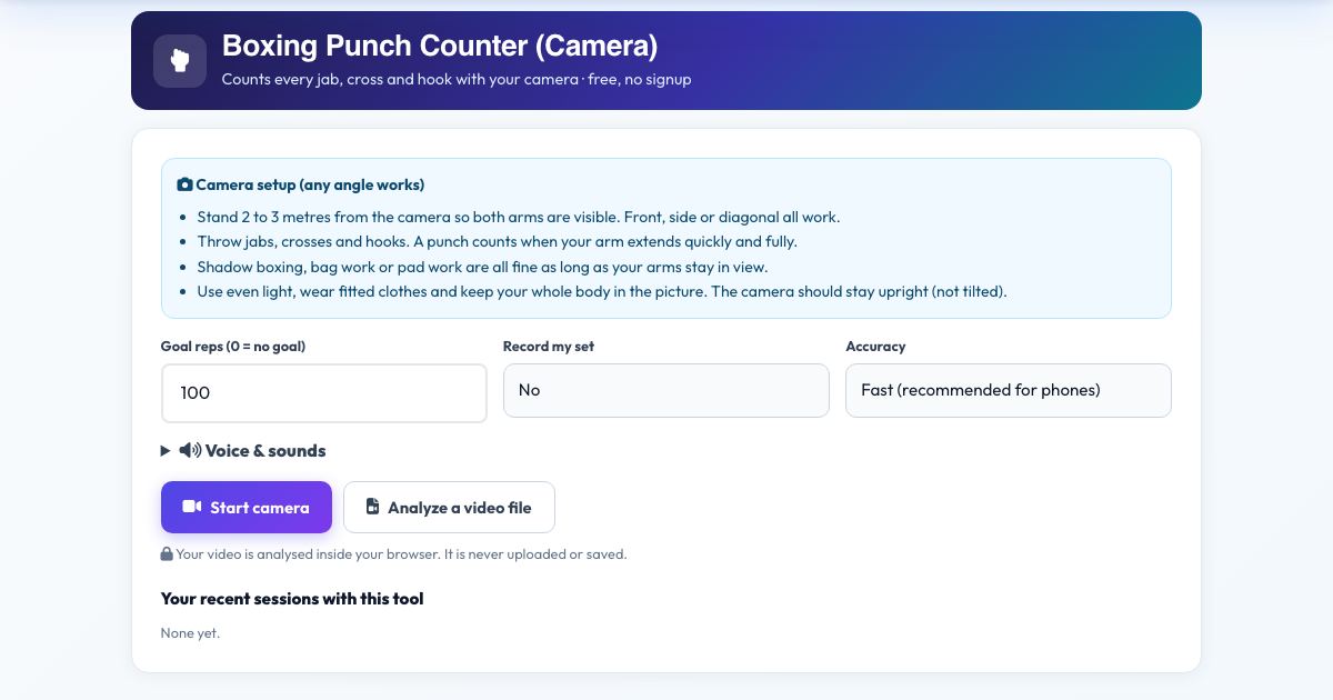 Screenshot of the free Boxing Punch Counter (Camera) tool on AZRS QuickFix