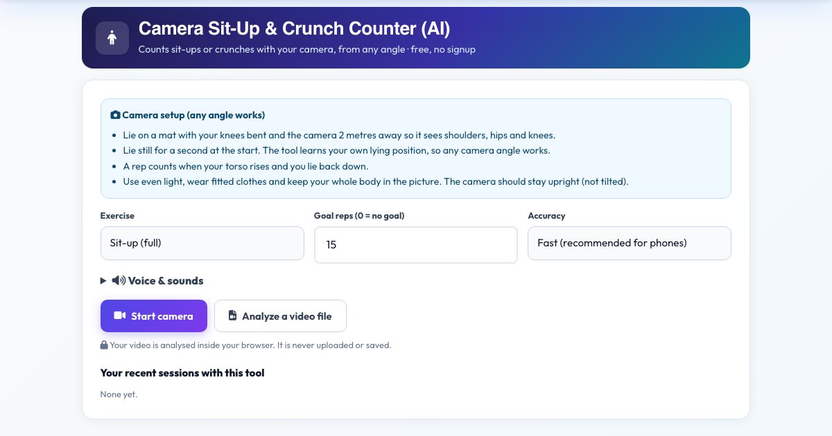 Screenshot of the free Camera Sit-Up & Crunch Counter (AI) tool on AZRS QuickFix