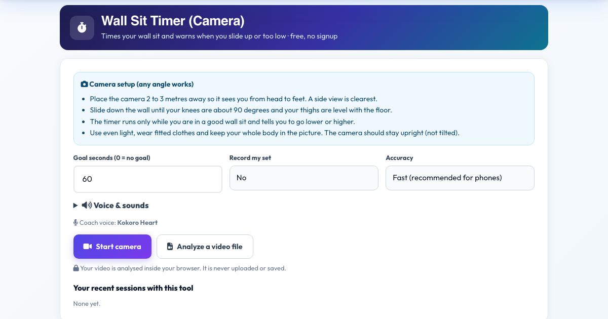 Screenshot of the free Wall Sit Timer (Camera) tool on AZRS QuickFix