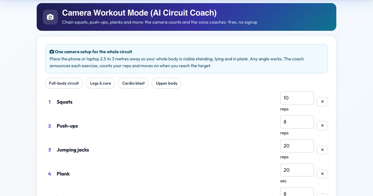 Screenshot of the free Camera Workout Mode (AI Circuit Coach) tool on AZRS QuickFix