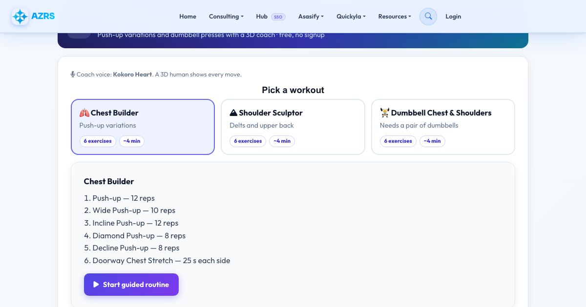 Screenshot of the free Chest & Shoulder Workout at Home (Voice Guided) tool on AZRS QuickFix