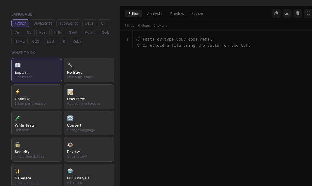 Screenshot of the free AI Code Assistant — Debug, Explain & Write Code Free tool on AZRS QuickFix