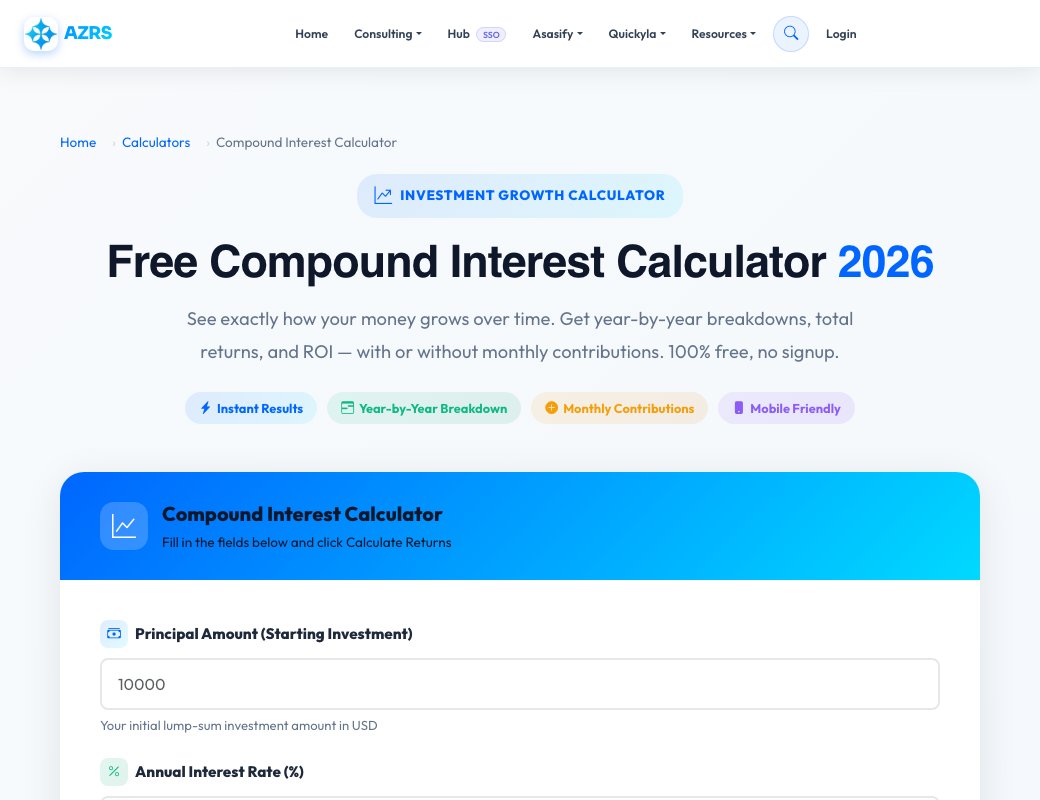 Screenshot of the free Free Compound Interest Calculator tool on AZRS QuickFix