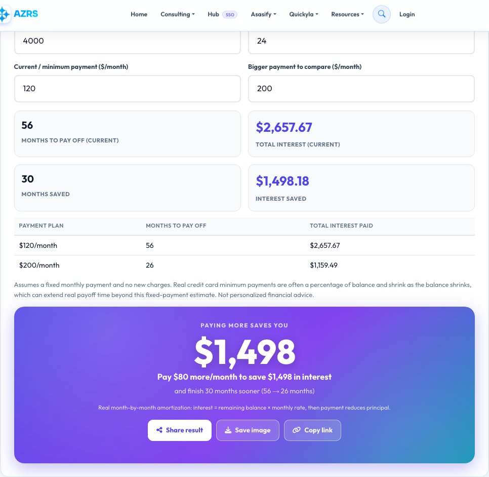 Step 1 — starting Credit Card Payoff Calculator — Minimum vs Bigger Payment on AZRS QuickFix