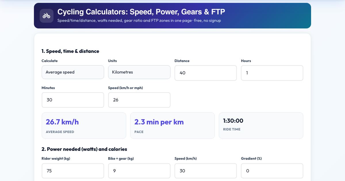 Screenshot of the free Cycling Calculators: Speed, Power, Gears & FTP tool on AZRS QuickFix