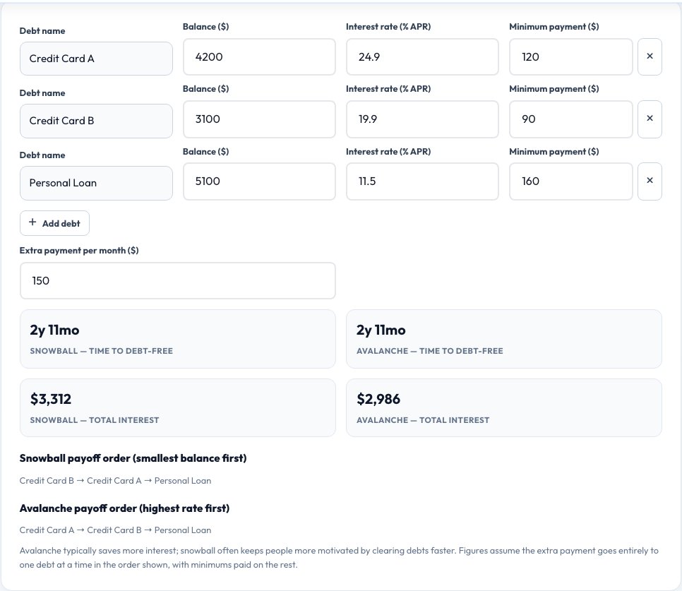 Step 1 — starting Debt Payoff Calculator (Snowball vs Avalanche) on AZRS QuickFix