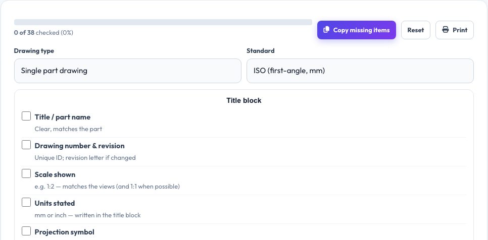 Screenshot of the free Engineering Drawing Checklist — Title Block, Views, Dimensions tool on AZRS QuickFix