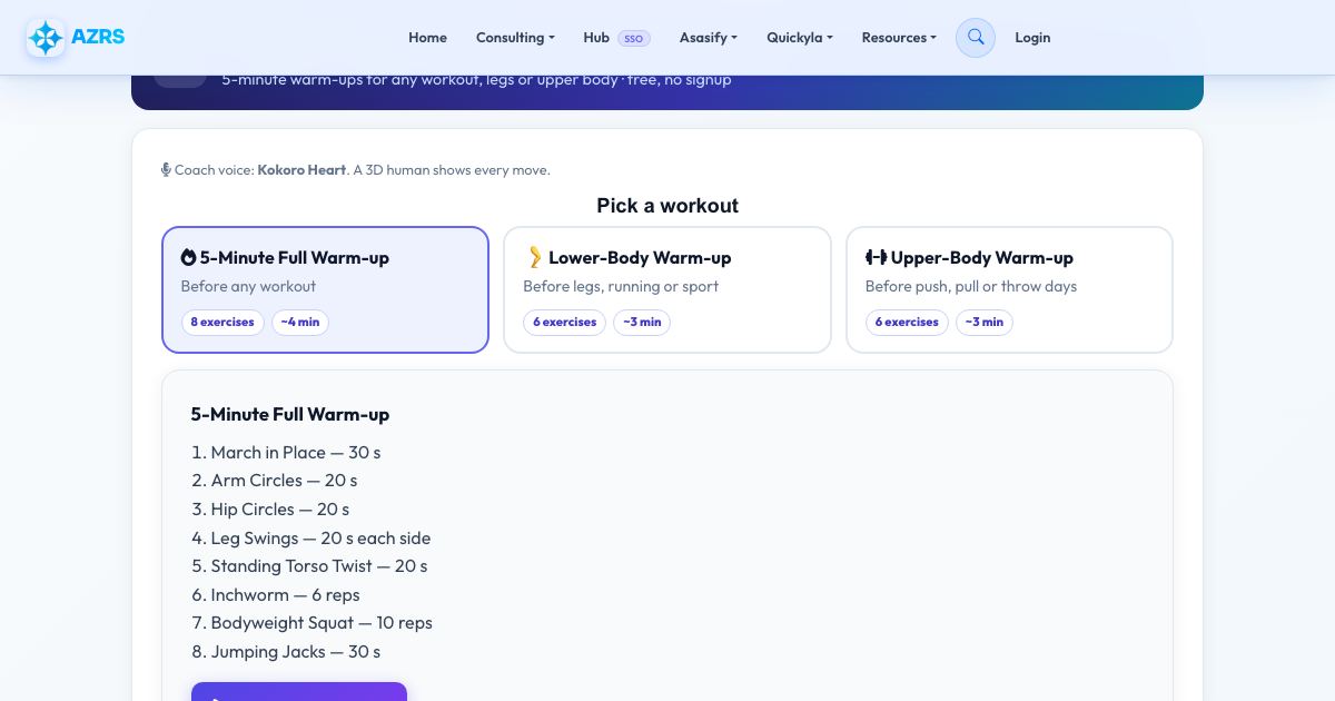 Screenshot of the free Dynamic Warm-Up Routine (Voice Guided) tool on AZRS QuickFix