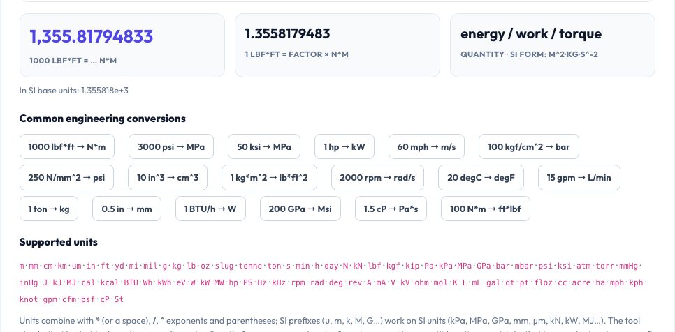 Screenshot of the free Engineering Unit Converter with Unit Expressions (psi, MPa, N·m, lbf·ft…) tool on AZRS QuickFix