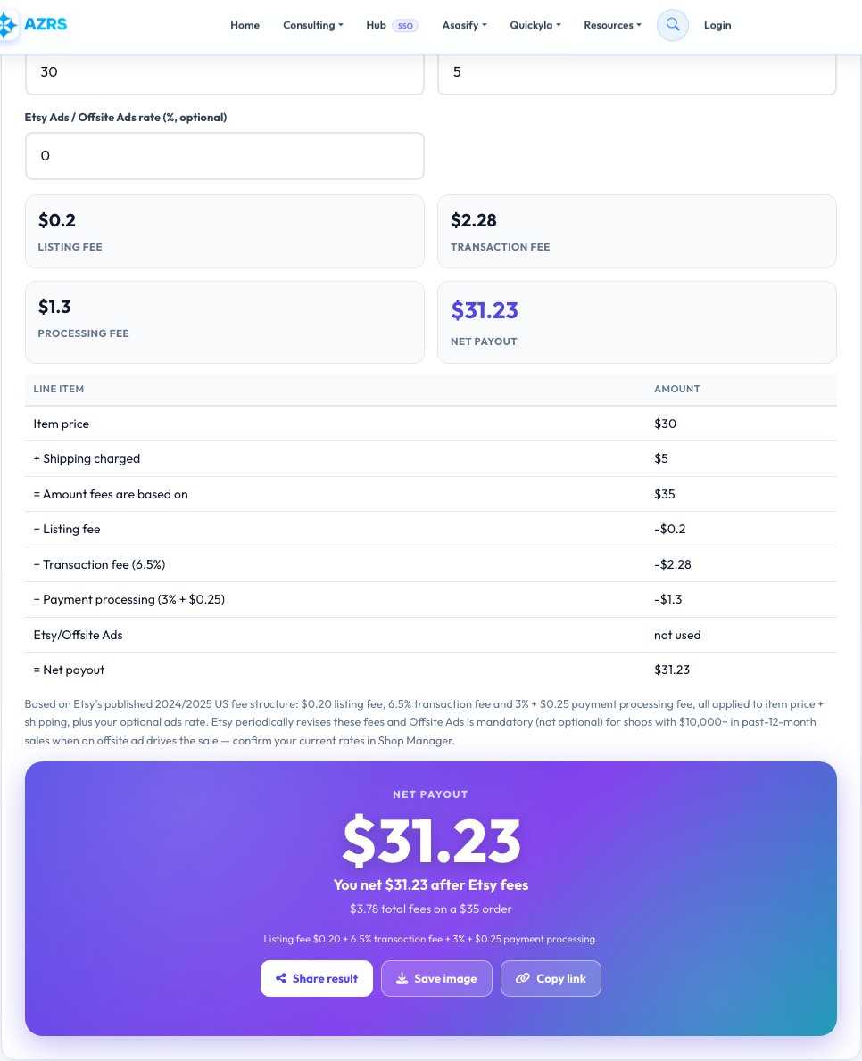 Step 1 — starting Etsy Fee Calculator on AZRS QuickFix