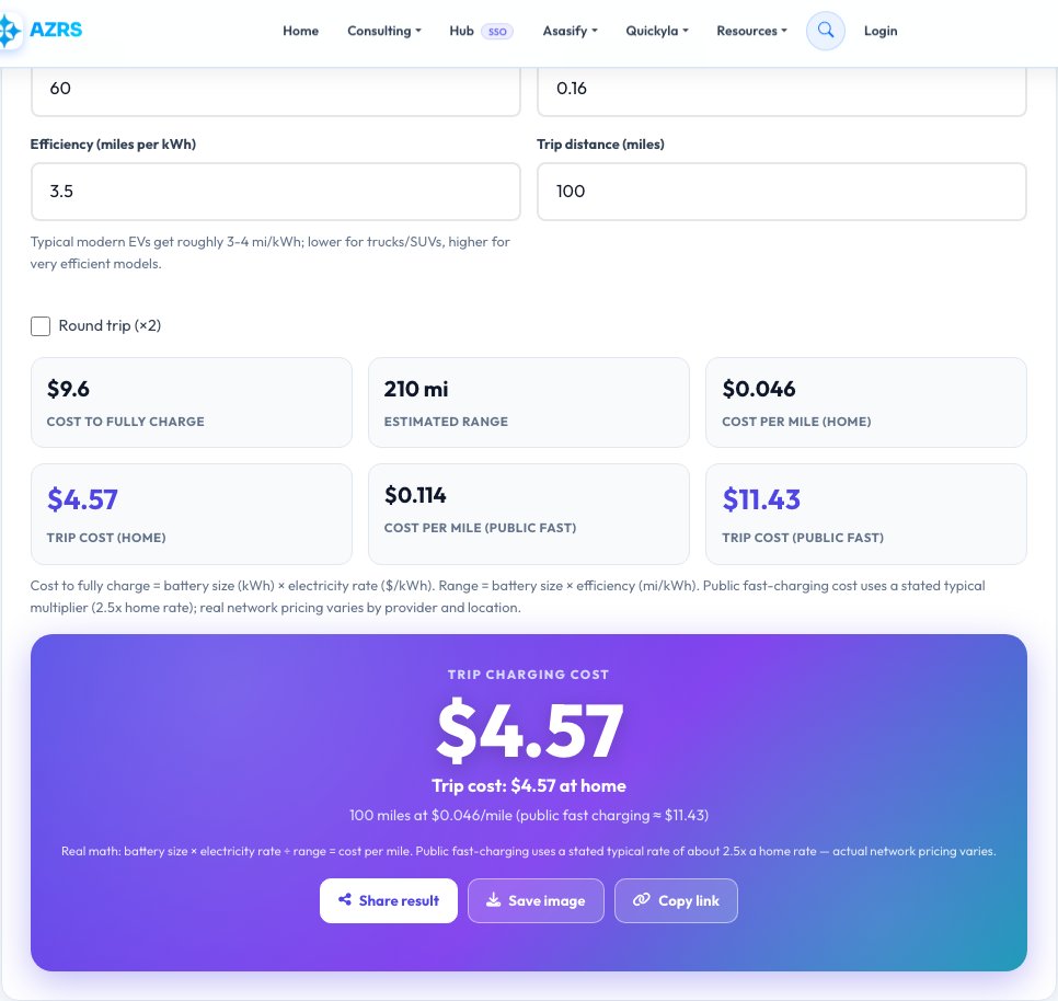 Step 1 — starting EV Charging Cost Calculator on AZRS QuickFix