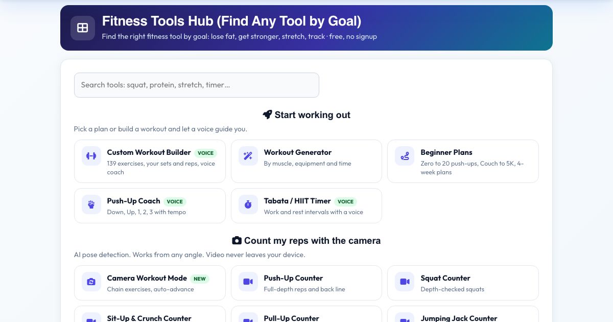 Screenshot of the free Fitness Tools Hub (Find Any Tool by Goal) tool on AZRS QuickFix