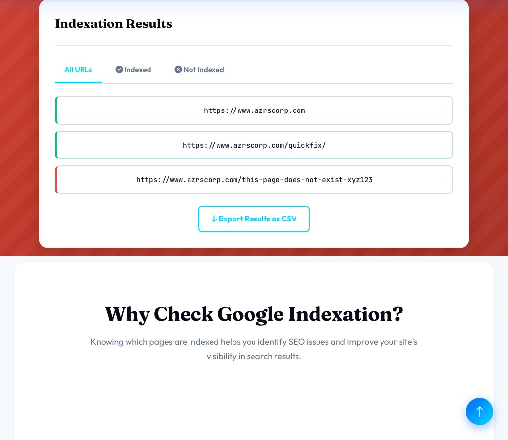 Screenshot of the free Google Indexation Checker — Bulk URL Accessibility Check tool on AZRS QuickFix