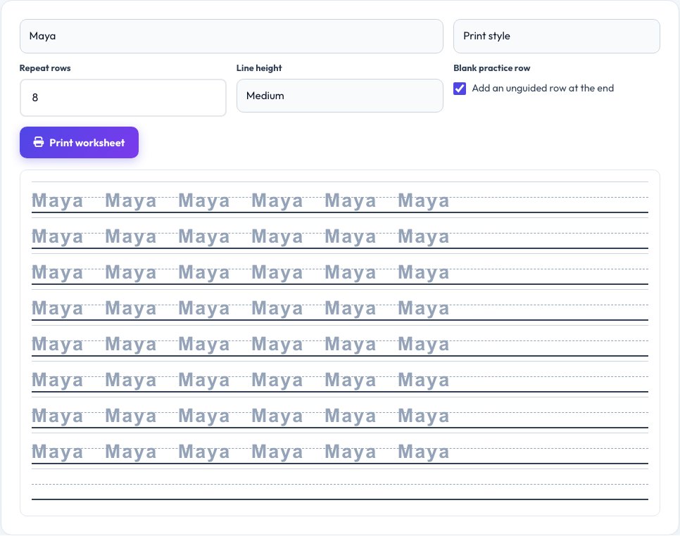 Screenshot of the free Handwriting Practice Sheet Generator tool on AZRS QuickFix
