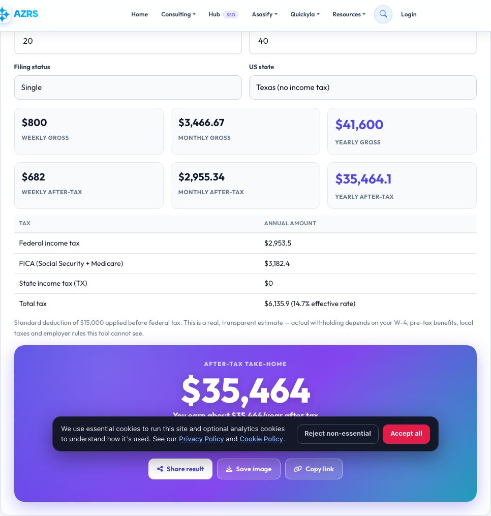 Step 1 — starting Hourly to Salary Calculator (After Tax) on AZRS QuickFix