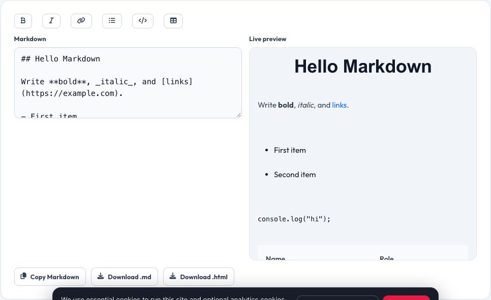 Screenshot of the free Markdown Live Editor & Previewer tool on AZRS QuickFix