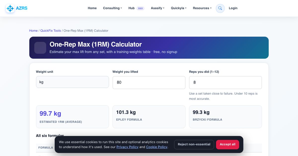 Screenshot of the free One-Rep Max (1RM) Calculator tool on AZRS QuickFix