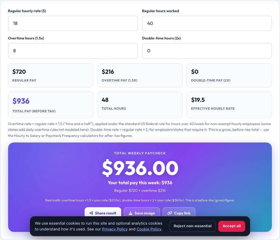 Step 1 — starting Overtime Pay Calculator (Time and a Half) on AZRS QuickFix
