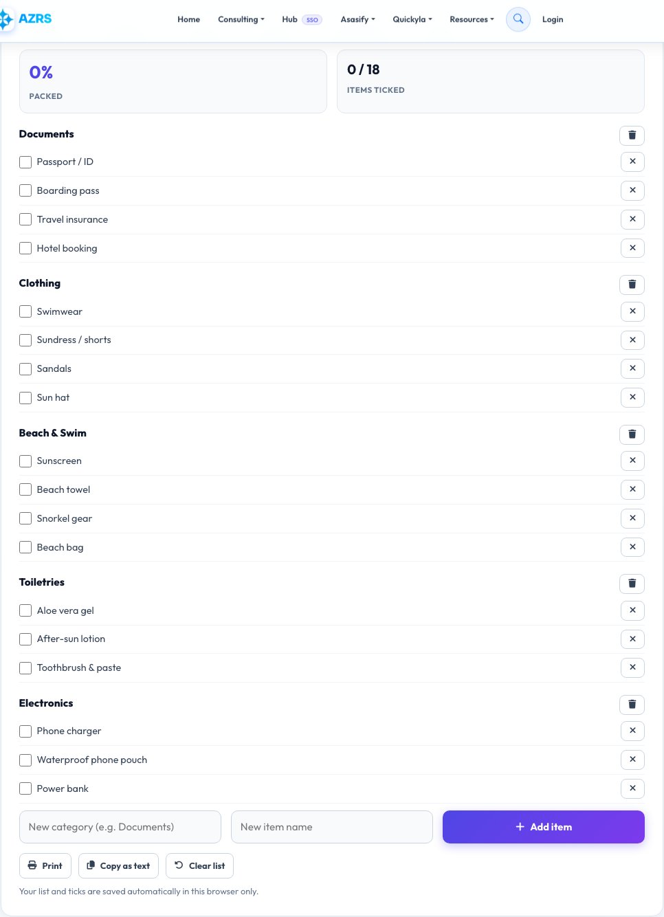 Screenshot of the free Travel Packing List Generator tool on AZRS QuickFix
