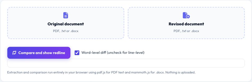 Screenshot of the free Contract/PDF Redline Diff Viewer tool on AZRS QuickFix