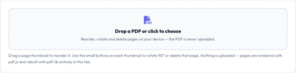 Screenshot of the free PDF Page Organizer (Reorder, Rotate & Delete) tool on AZRS QuickFix