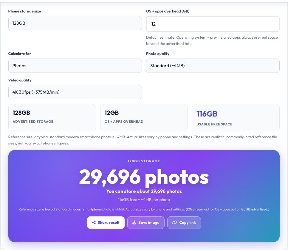 Step 1 — starting Phone Storage Calculator — How Many Photos & Videos Fit on AZRS QuickFix
