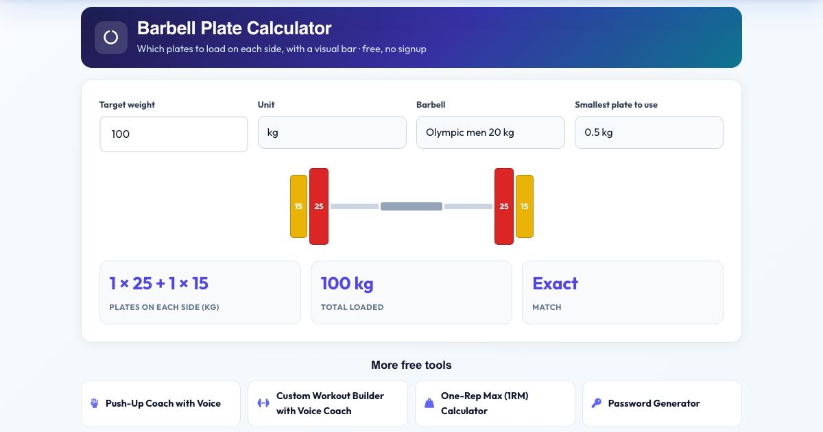 Screenshot of the free Barbell Plate Calculator tool on AZRS QuickFix