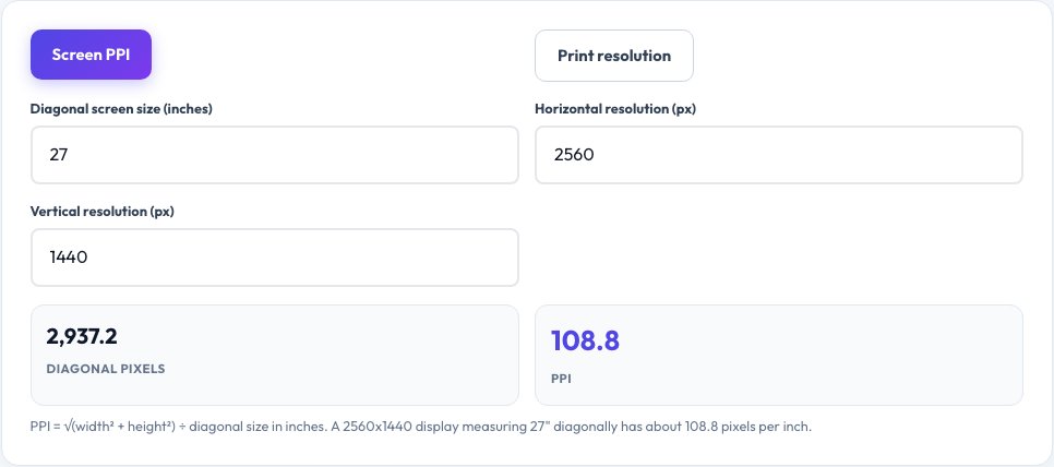 Step 1 — starting PPI / DPI Calculator on AZRS QuickFix