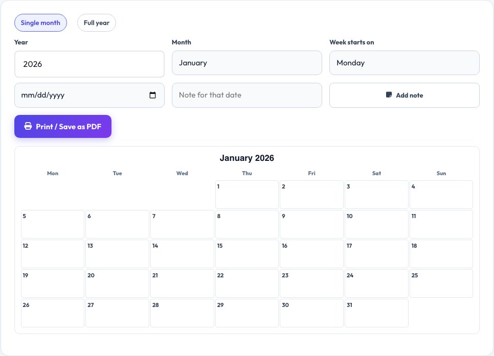 Screenshot of the free Printable Calendar & Planner Generator tool on AZRS QuickFix