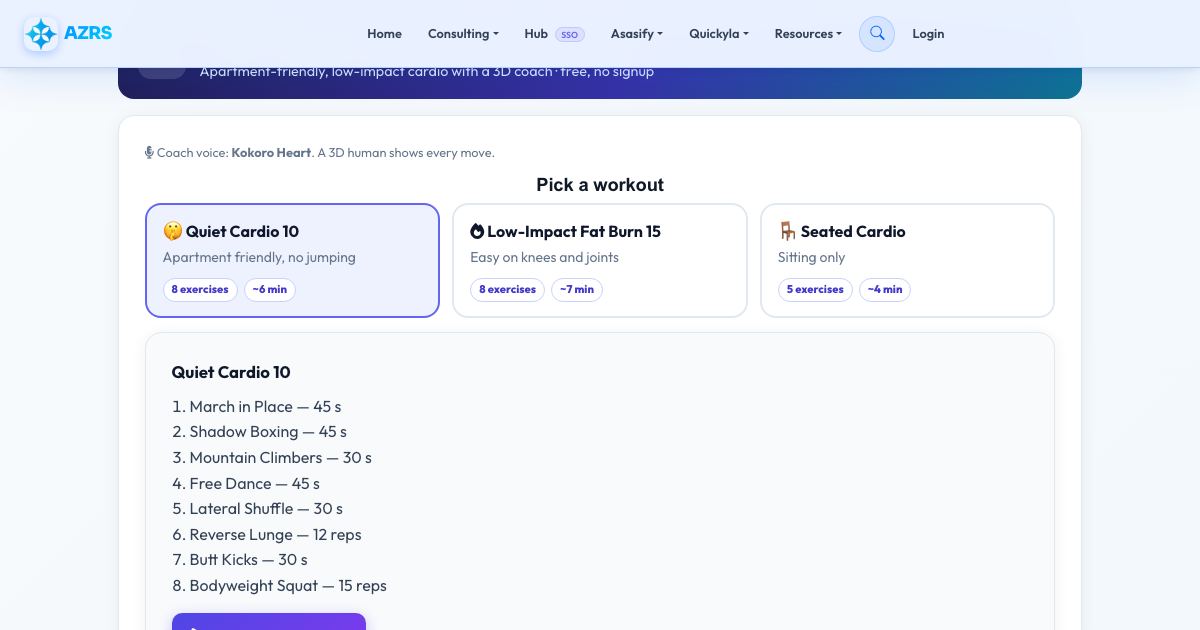Screenshot of the free Quiet Cardio Workout (No Jumping) tool on AZRS QuickFix