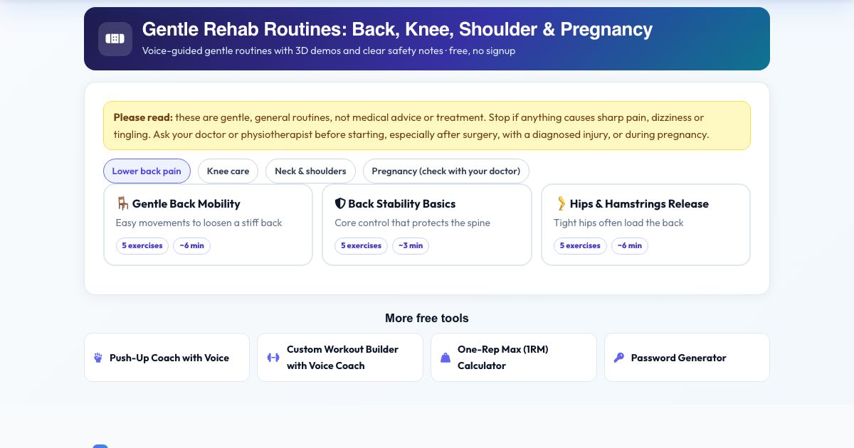 Screenshot of the free Gentle Rehab Routines: Back, Knee, Shoulder & Pregnancy tool on AZRS QuickFix