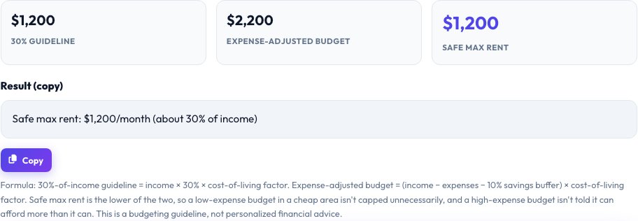 Step 2 — Rent Affordability Calculator — How Much Rent Can I Afford? result