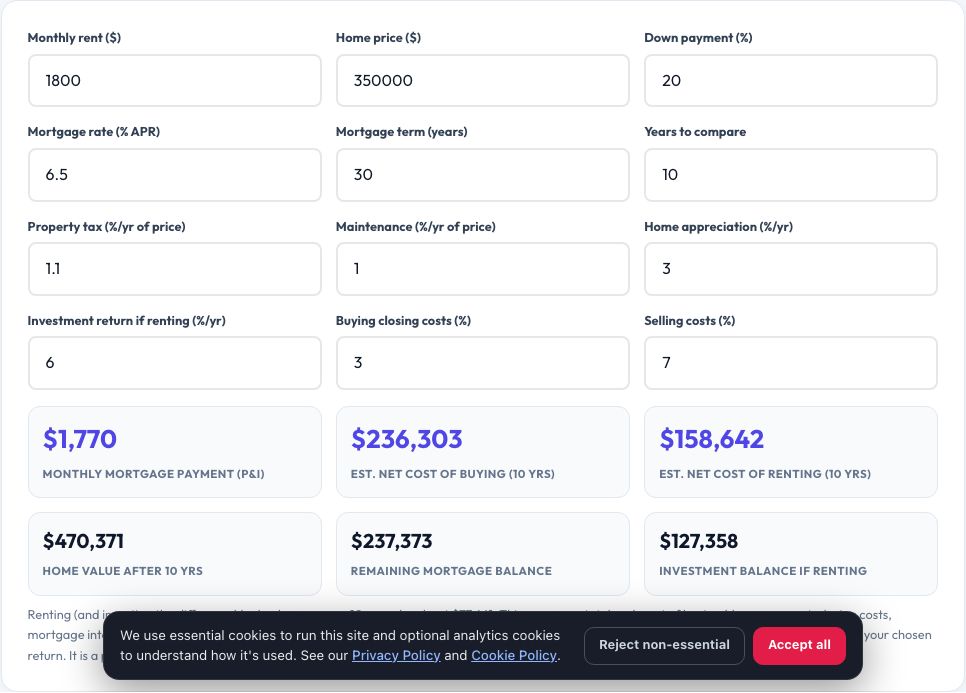 Step 1 — starting Rent vs Buy Calculator on AZRS QuickFix