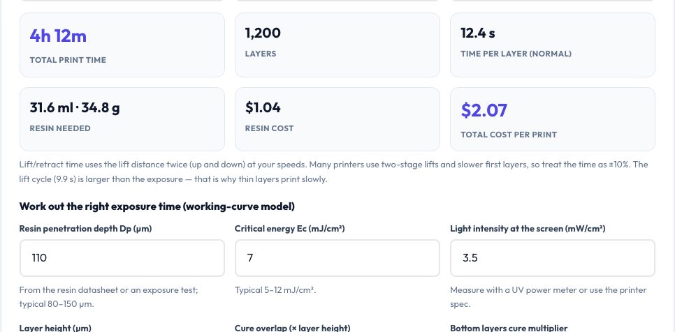 Screenshot of the free Resin 3D Print Calculator — Exposure, Time & Cost tool on AZRS QuickFix