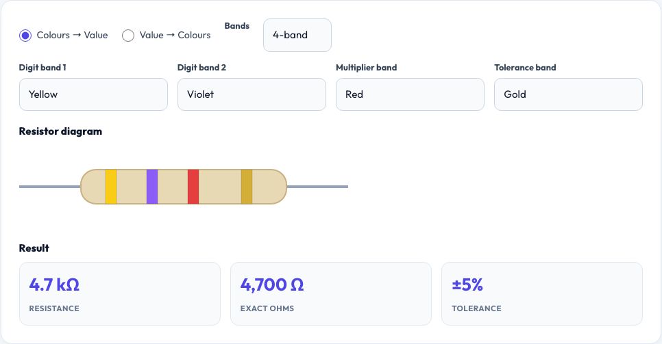 Screenshot of the free Resistor Color Code Calculator tool on AZRS QuickFix