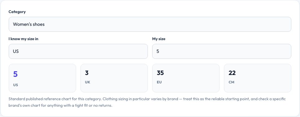 Step 1 — starting Shoe & Clothing Size Converter on AZRS QuickFix