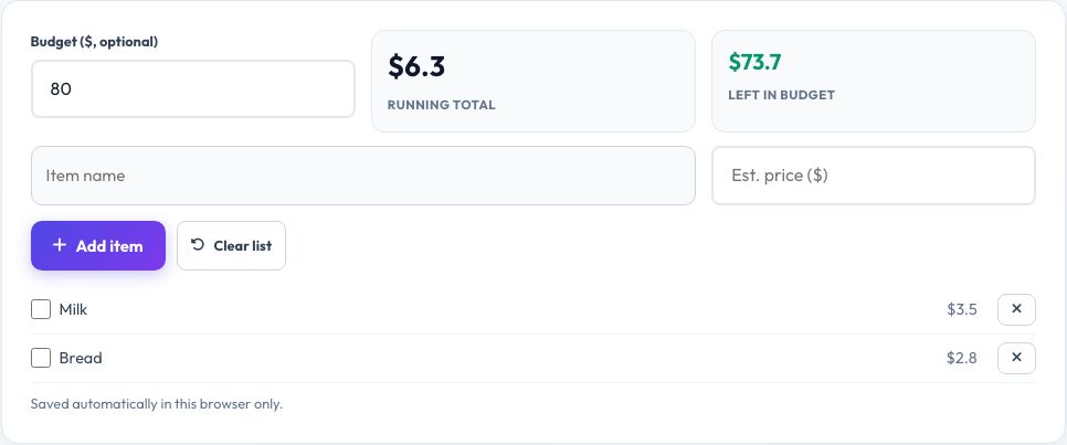 Screenshot of the free Shopping List & Budget Tracker tool on AZRS QuickFix