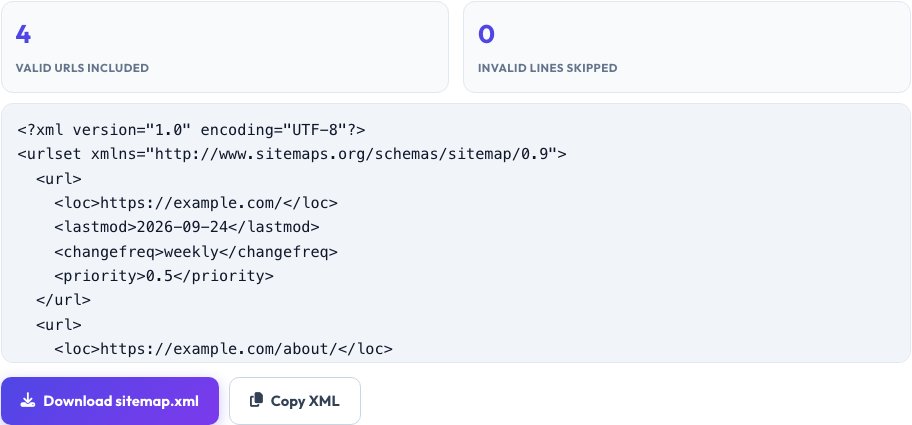 Step 2 — XML Sitemap Generator result