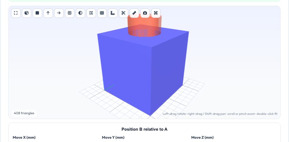 Screenshot of the free STL Boolean Tool (Union, Subtract, Intersect) tool on AZRS QuickFix