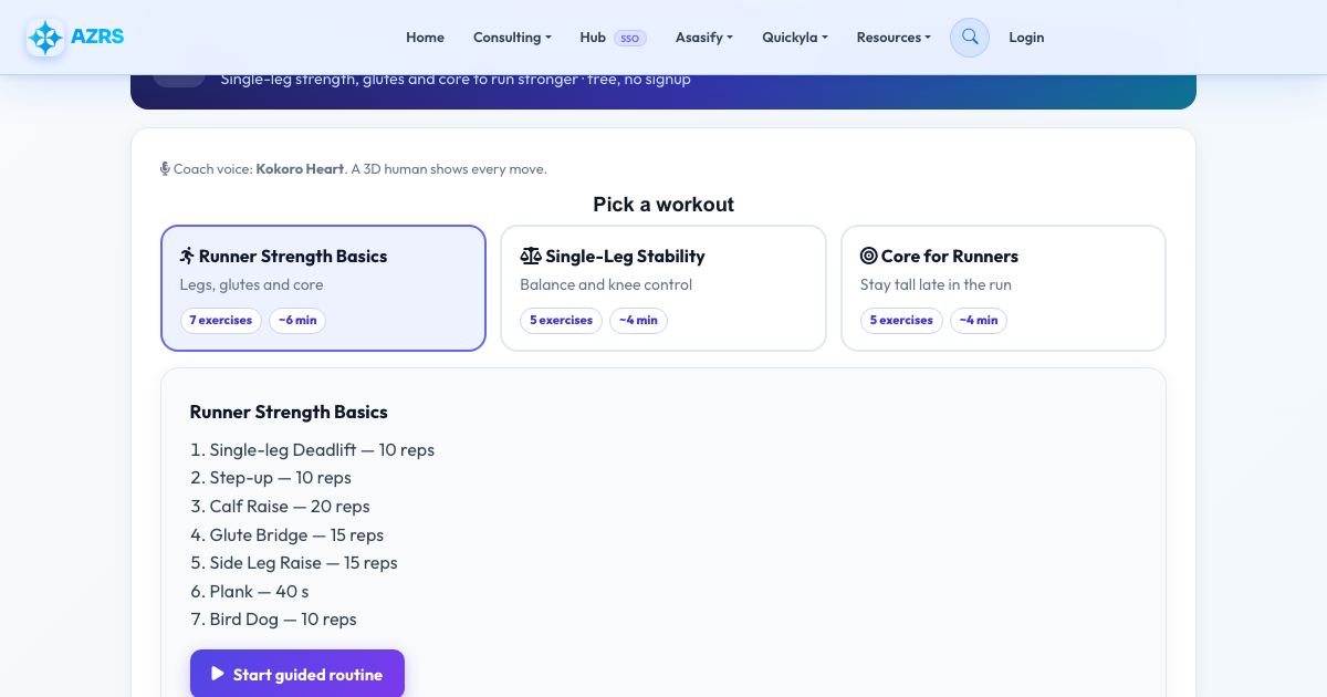 Screenshot of the free Strength Workout for Runners (Voice Guided) tool on AZRS QuickFix