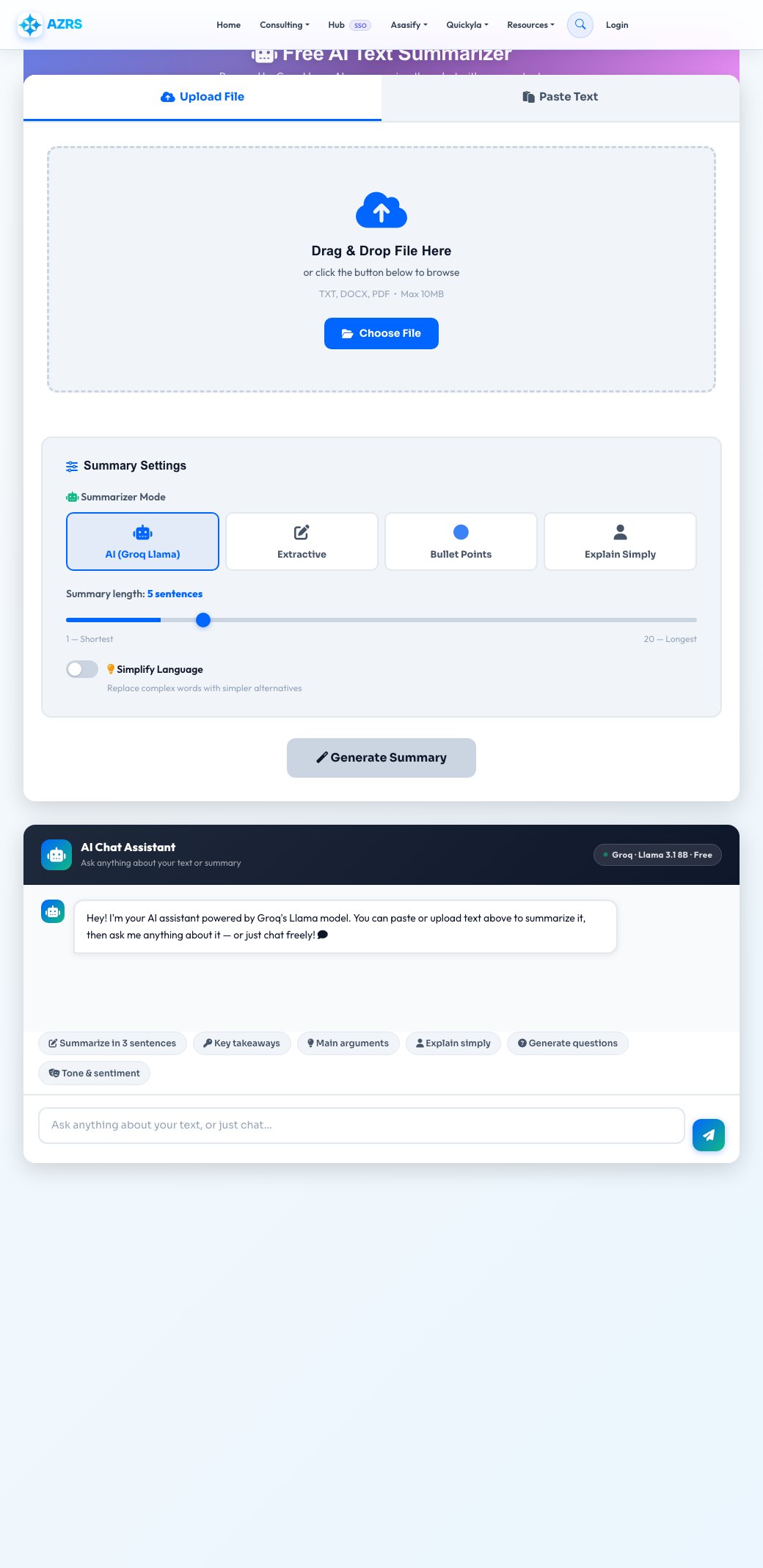 Screenshot of the free Free AI Text Summarizer tool on AZRS QuickFix