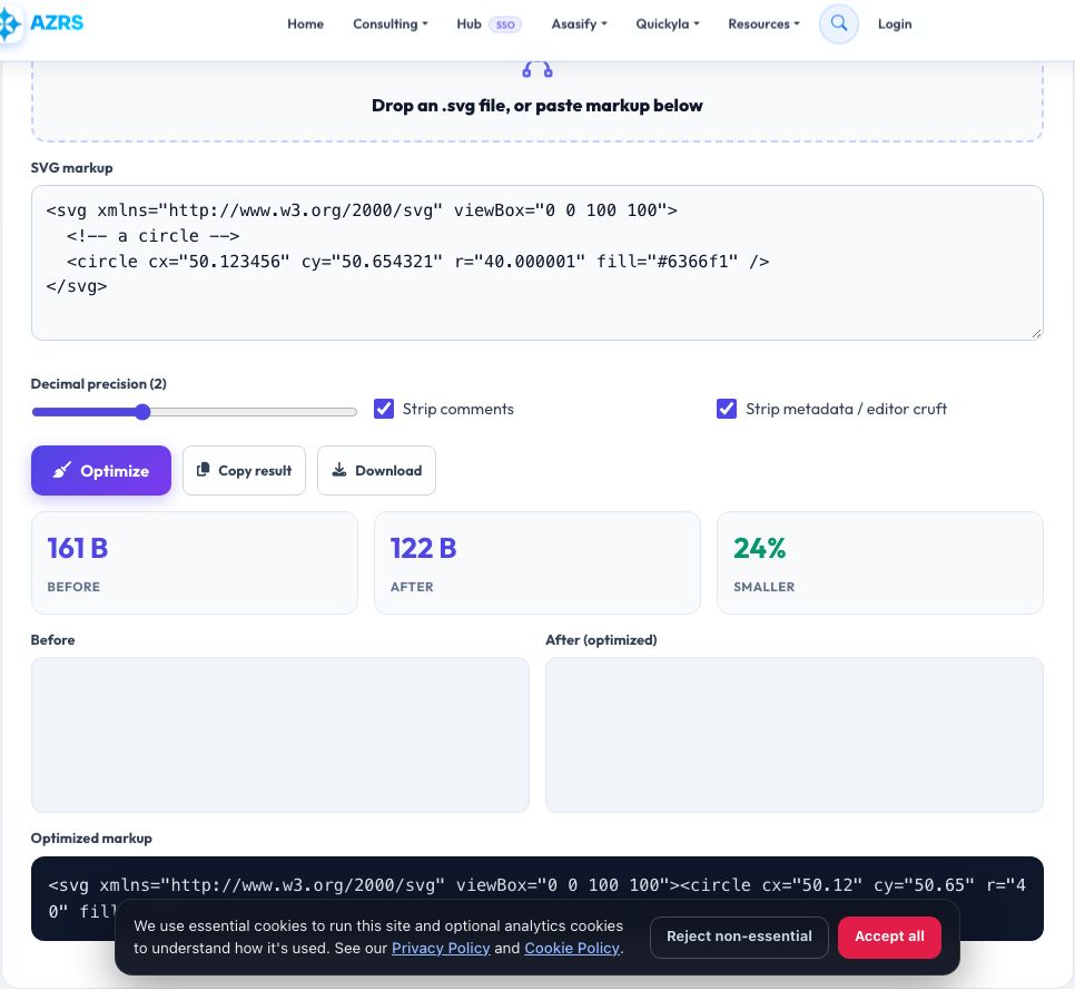 Screenshot of the free SVG Optimizer & Minifier tool on AZRS QuickFix